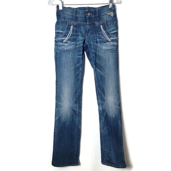 Replay Ruby Low Rise Boot Cut Jeans Y2K Whiskering Fading Button Pockets Size 25 - Picture 1 of 12